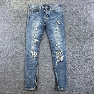 MNML Jeans Distressed Light Blue Slim Thrashed Denim Size 28 Fit 30x33 Zip Ankle